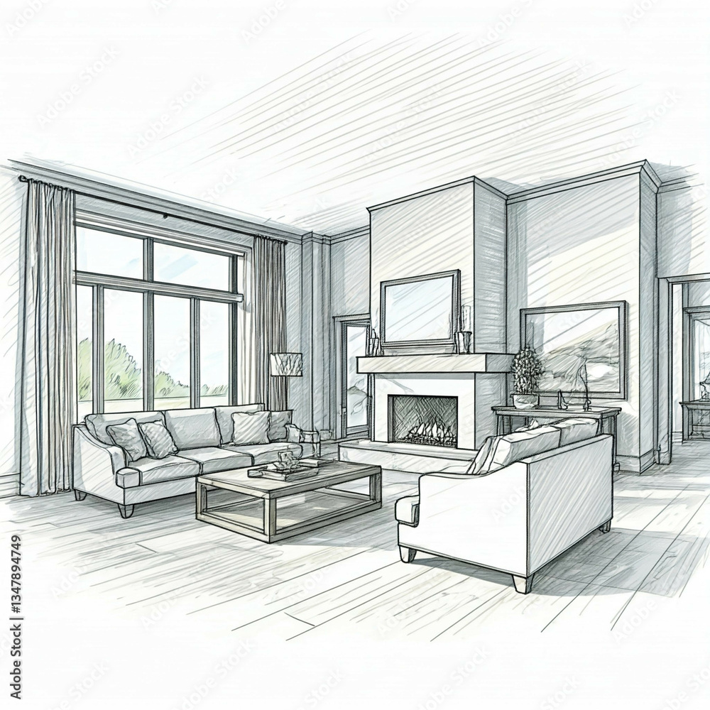 Fototapeta premium pencil sketch drawing of a living room interior design with a fireplace