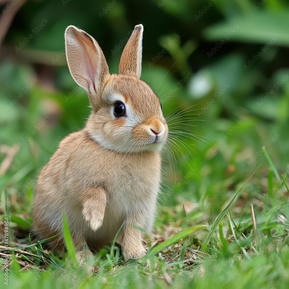 Fototapeta premium Cute rabbit exploring green grass