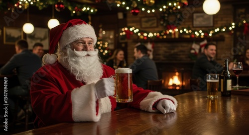 Cheerful Santa Claus at a cozy, festive pub, holding a frosty beer mug. The bar is adorned with holiday decorations, perfect for Christmas promotions and gatherings.