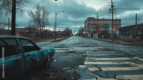 Urban decay, A desolate street and abandoned car in a forgotten city