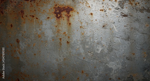 This close-up view of a weathered metal surface features rust spots and a textured gray backdrop, exuding age and industrial charm for artistic and design projects. photo