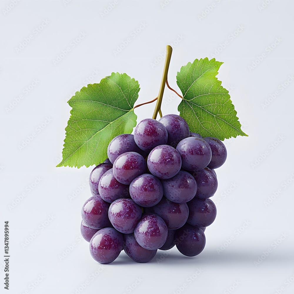 Fototapeta premium Close-up shot of a bunch of vibrant purple grapes with green leaves, showcasing their juicy texture. Fruit Isolated on a white background. Luscious Purple Grapes, Freshly Harvested