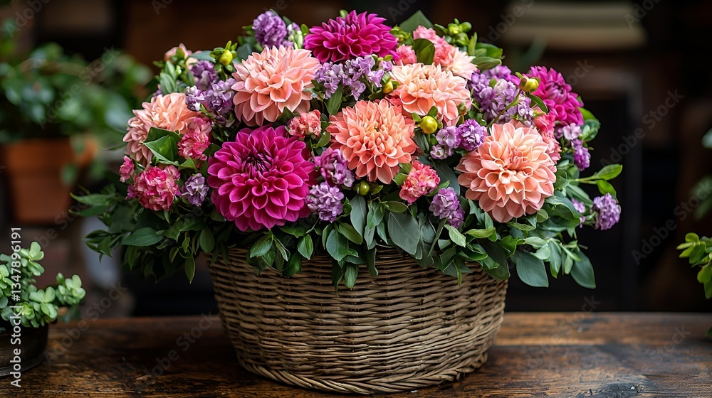 Colorful Dahlia Arrangement in a Basket Colorful Dahlia Arrangement in a Basket