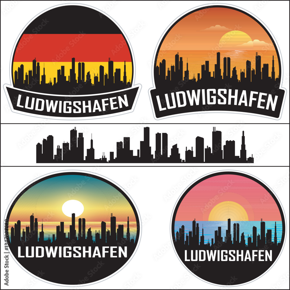 Obraz premium Ludwigshafen Germany Flag Skyline Cityscape Silhouette Travel Souvenir Sticker Isolated Vector