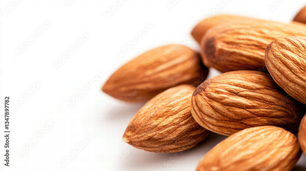 Macro Shot of Raw Almonds on a White Background Macro Shot of Raw Almonds on a White Background