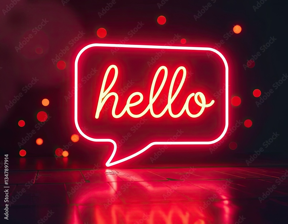 Red Neon Hello Sign in Speech Bubble - Glowing Welcome Message
