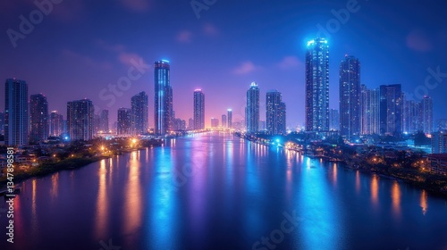 City skyline illuminated at night over calm river.