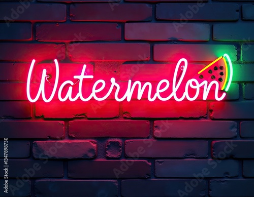 Neon Watermelon Sign on Brick Wall - Summer Food & Drink Concept