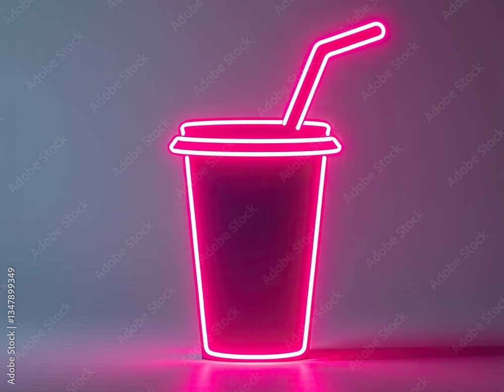 Neon Pink Drink Cup with Straw - Glowing Beverage Sign