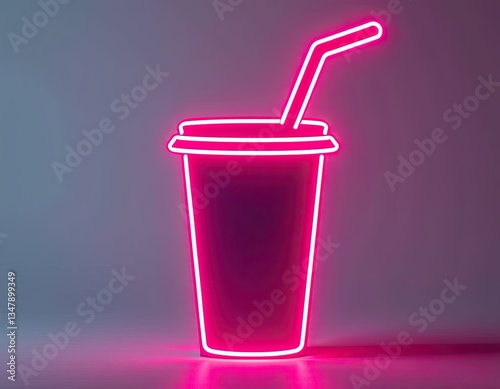 Obraz na płótnie Neon Pink Drink Cup with Straw - Glowing Beverage Sign w salonie