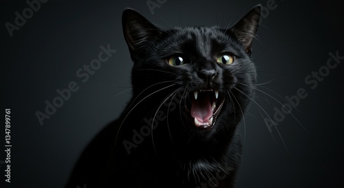 Fierce black cat with bared teeth and vibrant yellow eyes exuding a wild and assertive energy against a dark backdrop photo