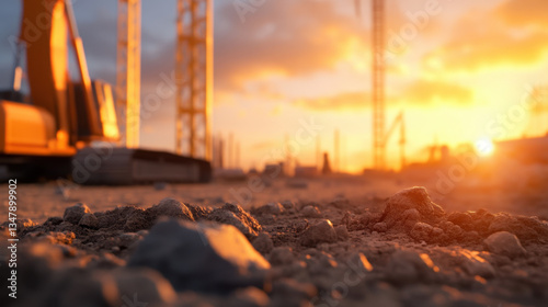 Cinematic shot of construction site at sunset, showcasing machinery and gravel. warm light creates dramatic atmosphere, highlighting ongoing work and progress