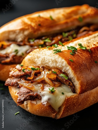 Discovering Philly cheesesteak variations with grilled steak and melted cheese on a hoagie roll