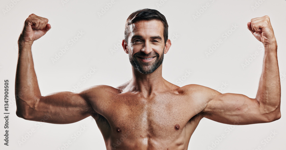 Muscles, flex and portrait of man in studio with body building workout for fitness progress. Motivation, biceps and male person with strong arms for power training or exercise by white background. Muscles, flex and portrait of man in studio with body building workout for fitness progress. Motivation, biceps and male person with strong arms for power training or exercise by white background.