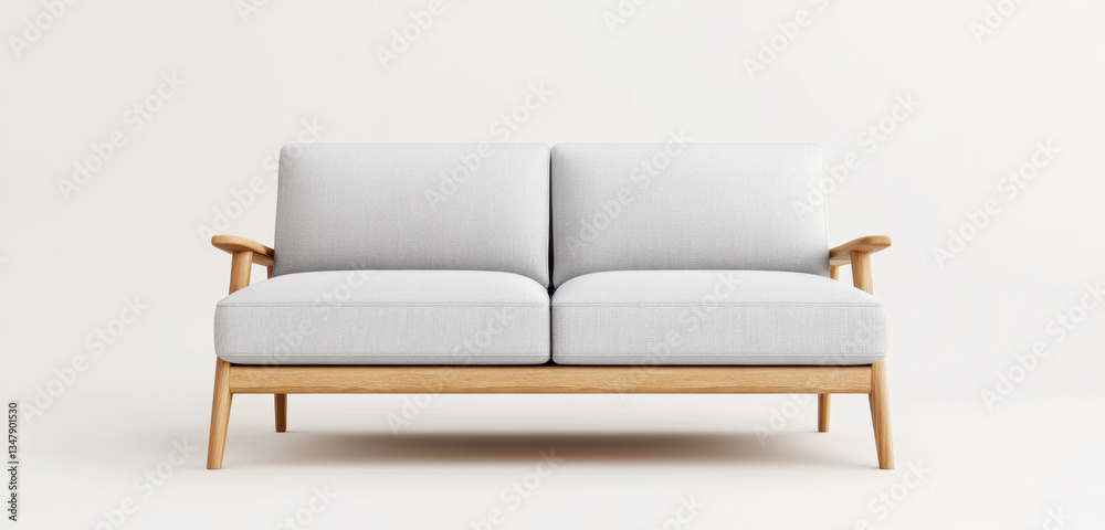 Obraz premium minimalist Scandinavian style sofa with light gray fabric and wooden arms, perfect for modern living spaces. Its clean lines and simple design evoke sense of calm and comfort