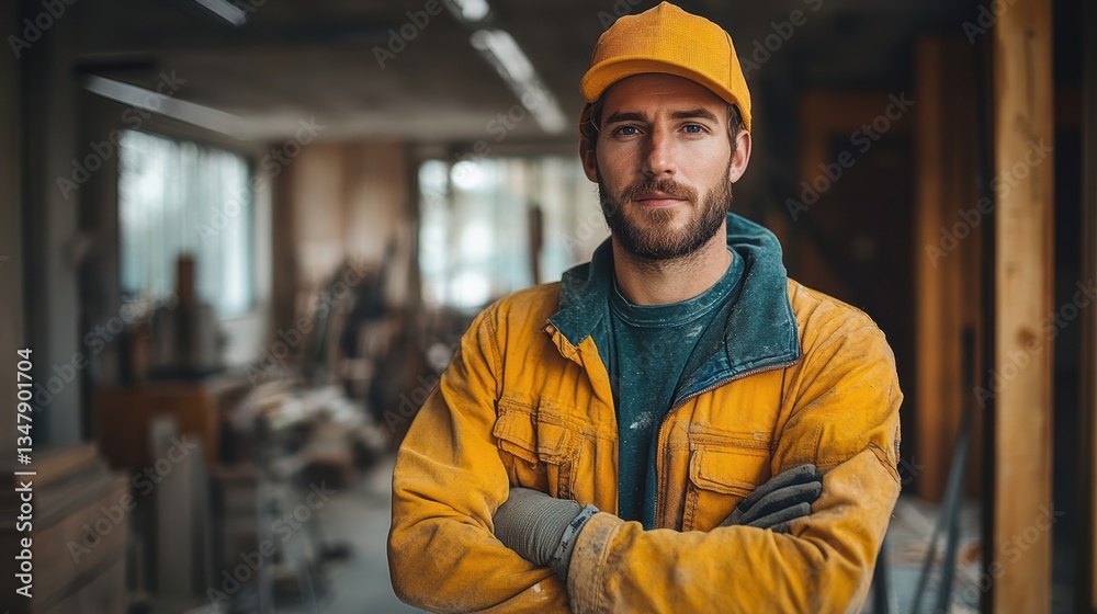 A confident worker stands in a spacious workshop filled with tools and materials, wearing a yellow jacket and cap. Natural light illuminates the area, highlighting the craftsmanship A confident worker stands in a spacious workshop filled with tools and materials, wearing a yellow jacket and cap. Natural light illuminates the area, highlighting the craftsmanship