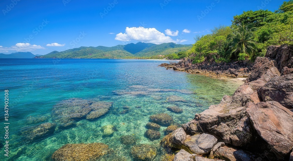 Tropical Island Cove Clear Water Rocky Shore Mountains Tropical Island Cove Clear Water Rocky Shore Mountains