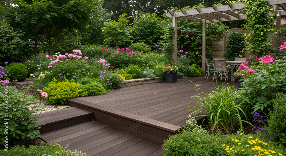 Naklejka premium A stylish wooden deck seamlessly blending with a vibrant garden of greenery and colorful flowers, creating an inviting outdoor retreat