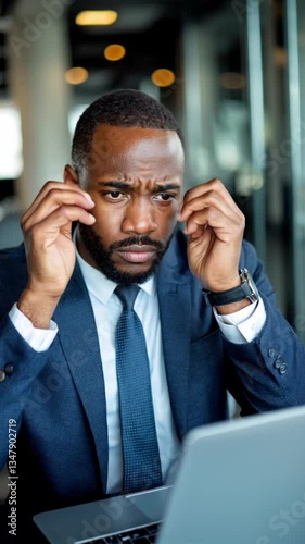 A man in a suit appears stressed while working on a laptop in an office setting.