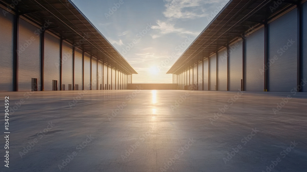 large industrial warehouse with smooth concrete floor and expansive space, illuminated by warm glow of setting sun. structure features high ceilings and large doors, creating sense of openness and large industrial warehouse with smooth concrete floor and expansive space, illuminated by warm glow of setting sun. structure features high ceilings and large doors, creating sense of openness and