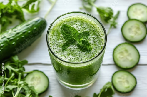 Refreshing Green Smoothie in Glass Featuring Cucumber and Mint Leaves with Additional Cucumber Slices and Fresh Greens on White Wooden Surface