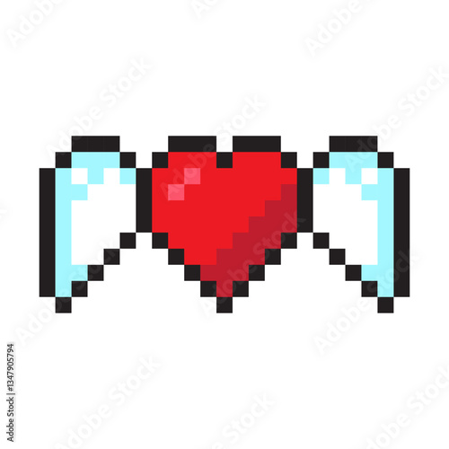Pixel heart icon. Red love shape. Vector winged emblem. Cute fantasy symbol.