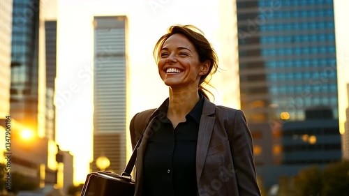 A confident businesswoman strides through the city, illuminated by the warm hues of a sunset.