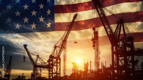 American Industry at Sunset: Cranes Silhouetted Against the USA Flag, Port and Industrial Scene