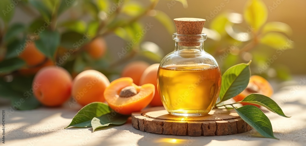Glass bottle apricot oil with cork lid on wood base. Ripe apricots, leafy branches, sunlight. Fresh, natural skincare, organic wellness, hydration, spa, beauty. Glass bottle apricot oil with cork lid on wood base. Ripe apricots, leafy branches, sunlight. Fresh, natural skincare, organic wellness, hydration, spa, beauty.