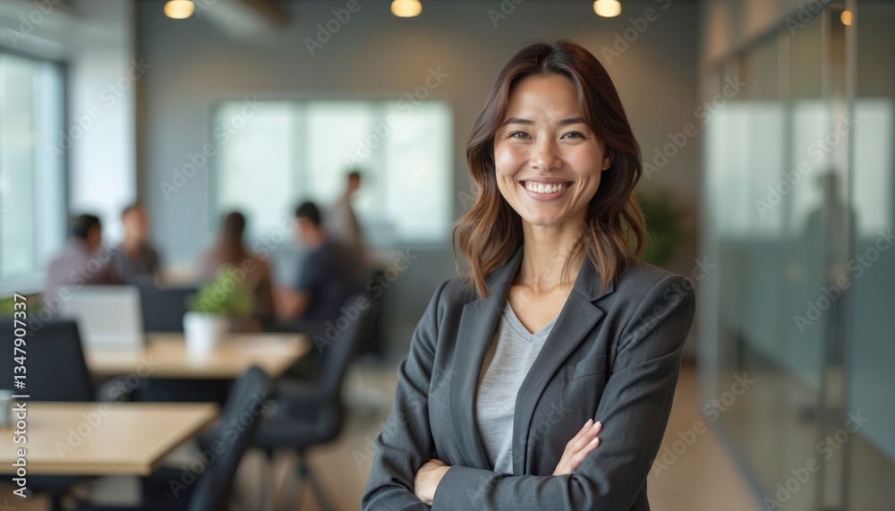 Confident business woman smiling at camera in modern office. Corporate executive, happy, successful. Positive, open plan workstation, team at work, glass partitions, stylish furniture, business Confident business woman smiling at camera in modern office. Corporate executive, happy, successful. Positive, open plan workstation, team at work, glass partitions, stylish furniture, business