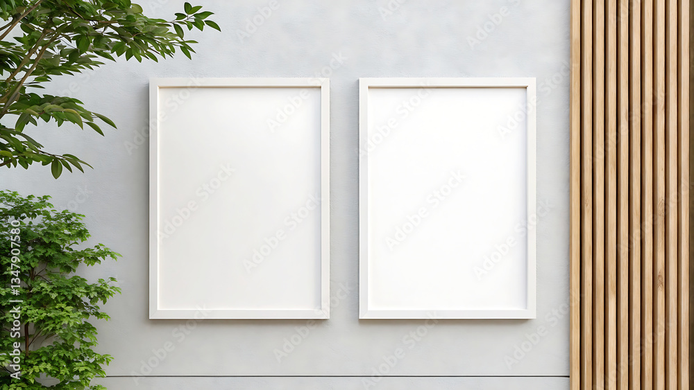 Two white frame mockup isolated on white background with plant and wooden slats Two white frame mockup isolated on white background with plant and wooden slats