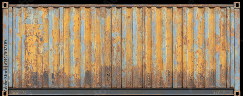 The image is of a large, rusted metal container with a blue and yellow stripe. The container appears to be old and worn, with a sense of decay and abandonment
