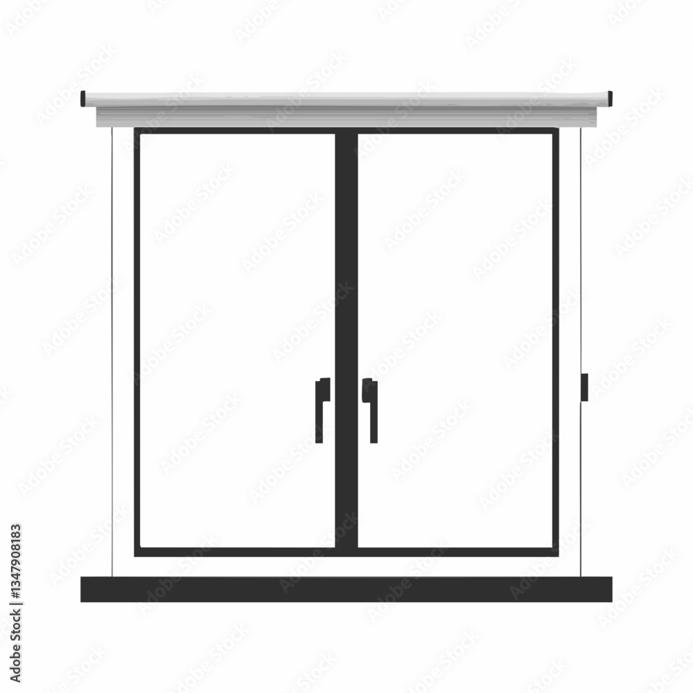 Double window with roller blind and handles. Vector image