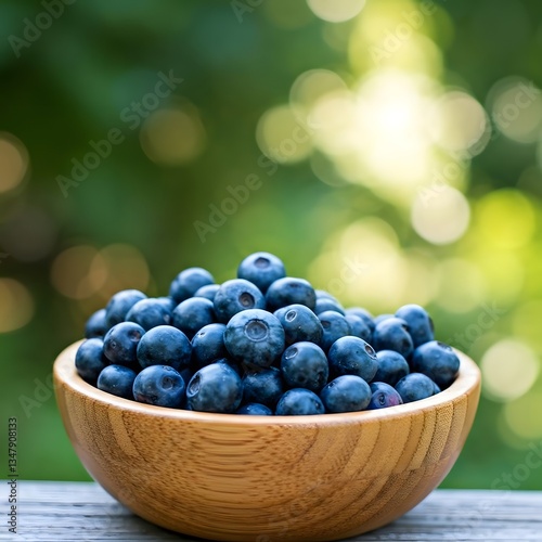 Wallpaper Mural Freshly picked blueberries in a wooden bowl, with a blurred garden backdrop filled with dappled sunlight, Ai Generated Torontodigital.ca