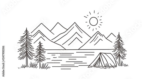Simple line art of a serene mountain lake scene with a camping tent