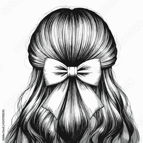 Wavy Hair with Bow Illustration. Vector image