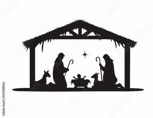 Silhouette Nativity Scene with Animals and Star. Vector image