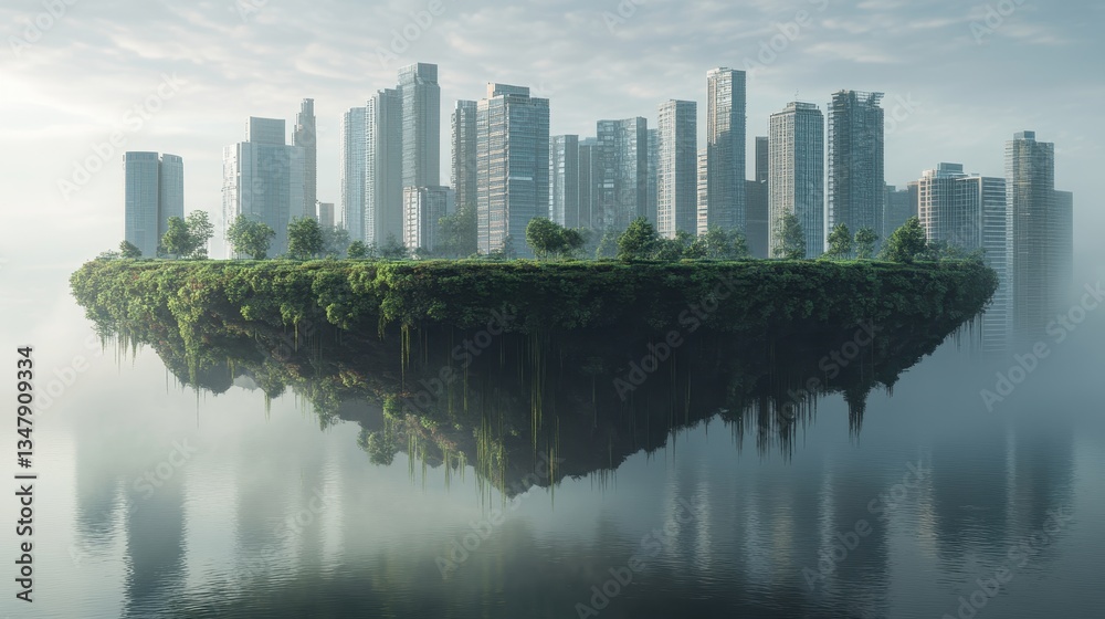 Fototapeta premium Floating City Metropolis Island: A Surreal Urban Oasis in Misty Waters