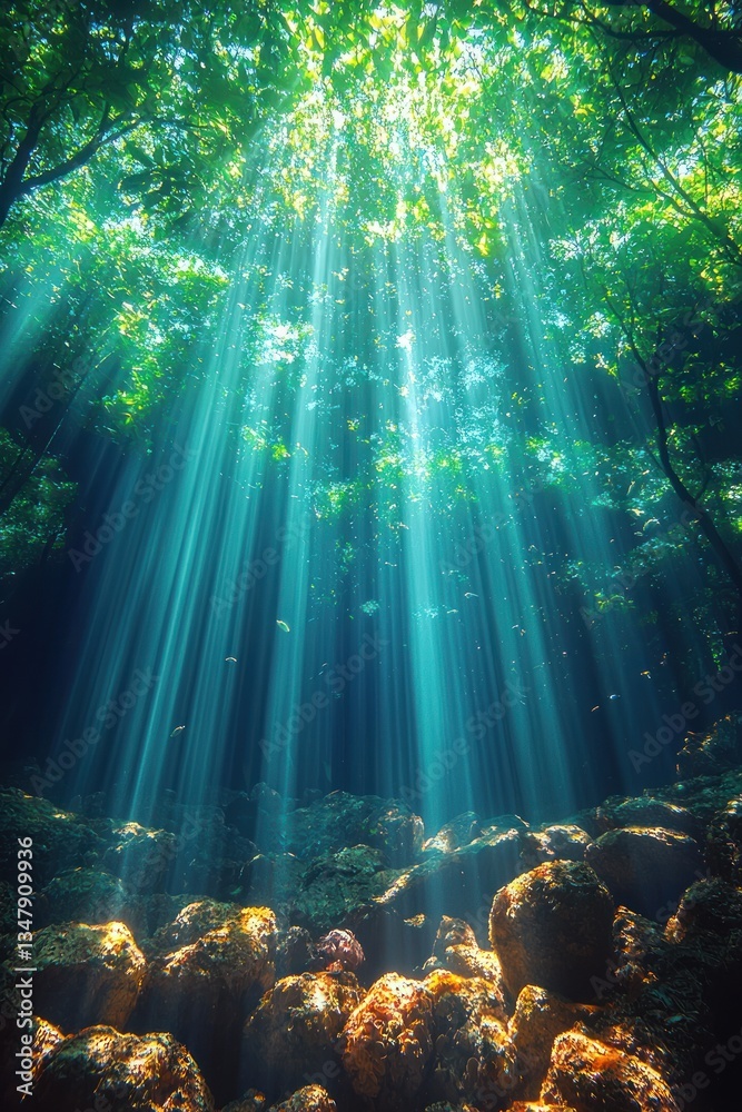 Fototapeta premium Sunlight streams through trees onto rocky underwater scene.