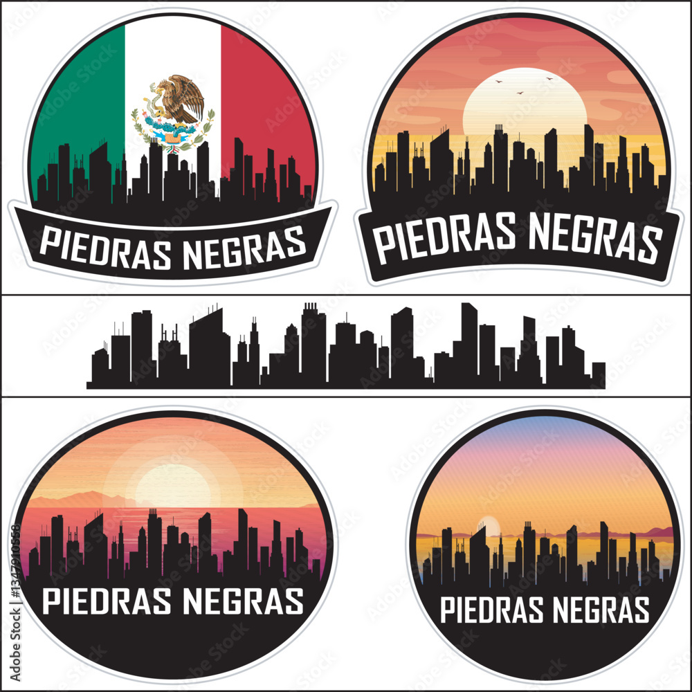 Obraz premium Piedras Negras Mexico Flag Skyline Cityscape Silhouette Travel Souvenir Sticker Isolated Vector