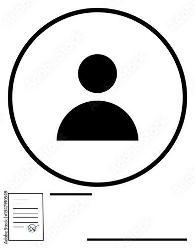 Generic person icon inside circle with certification document below. Ideal for user profile, identification, personal data, applications, agreements, business verification, flat simple metaphor