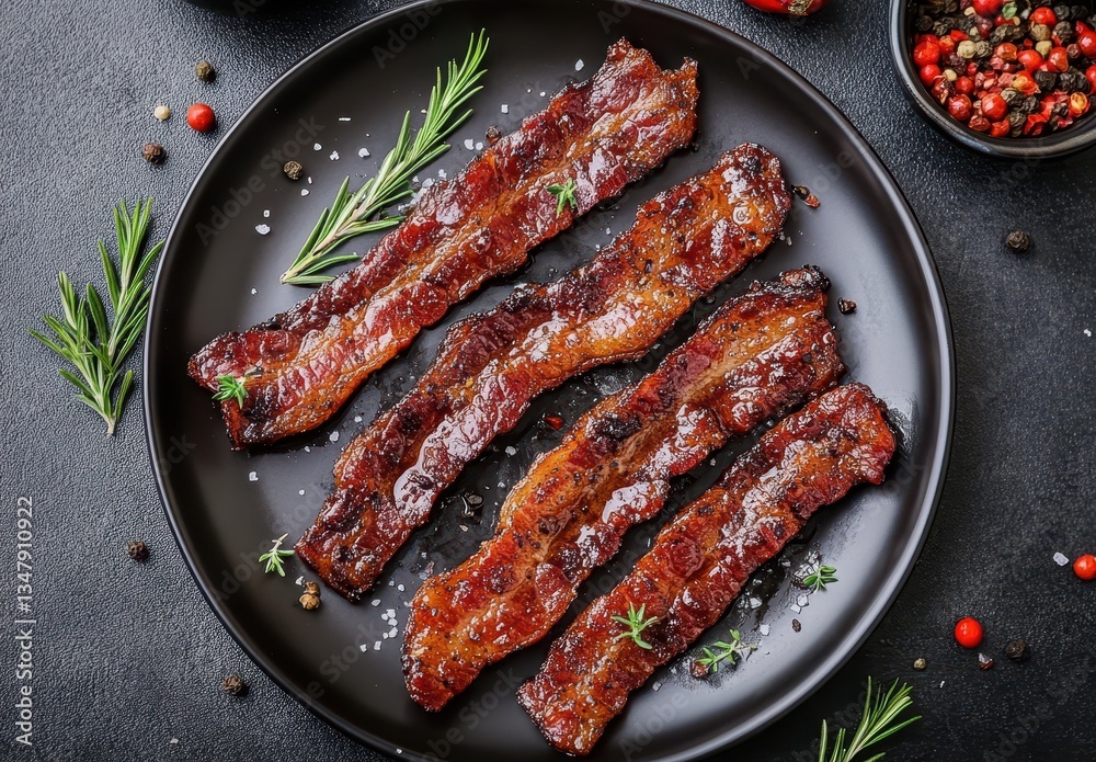 Savory Crispy Bacon Strips on Plate with Fresh Green Herbs and Colorful Spices for Culinary Delights and Gourmet Cooking Inspiration Savory Crispy Bacon Strips on Plate with Fresh Green Herbs and Colorful Spices for Culinary Delights and Gourmet Cooking Inspiration