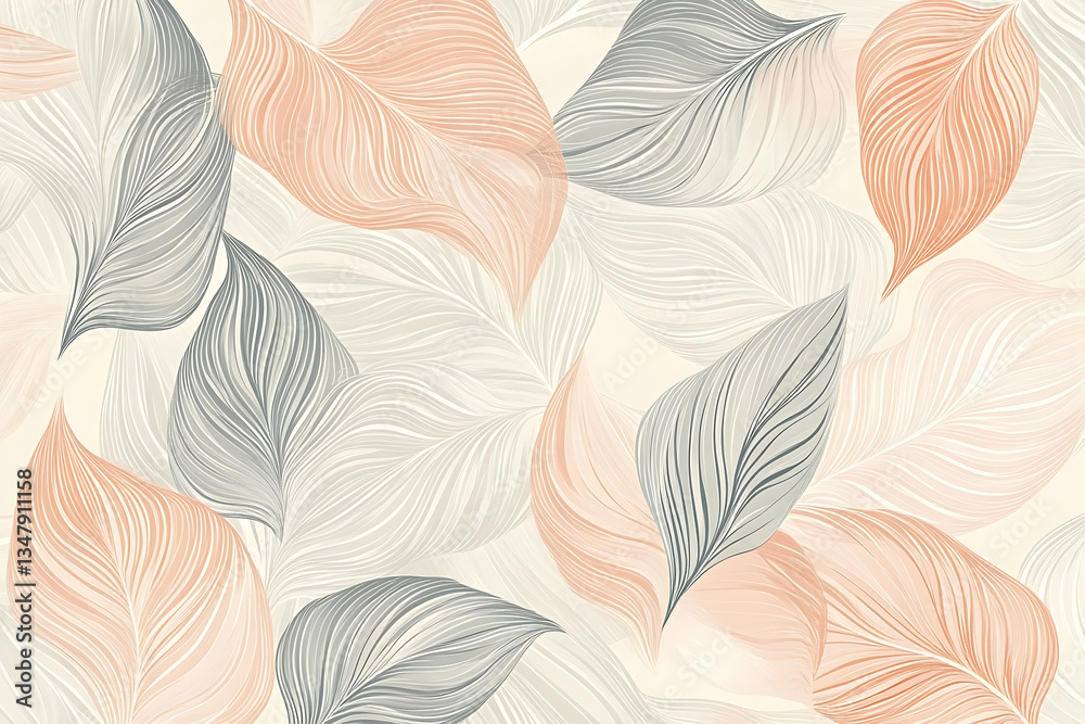 Elegant floral wallpaper with abstract leaves in peach and gray tones Elegant floral wallpaper with abstract leaves in peach and gray tones