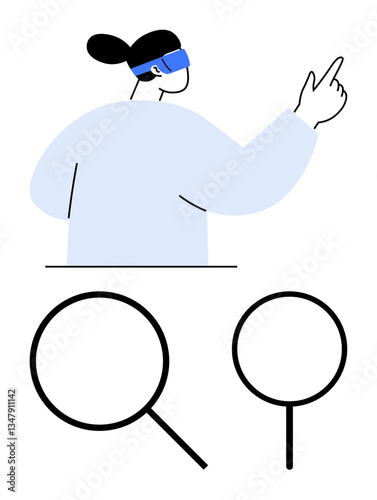 Woman interacting with virtual reality glasses pointing forward. Large magnifying glass icons below. Ideal for technology, exploration, innovation, research, discovery, digital future, creativity