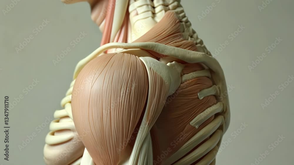 Detailed anatomical model of human shoulder and upper back muscles showcasing intricate muscle structure and connections