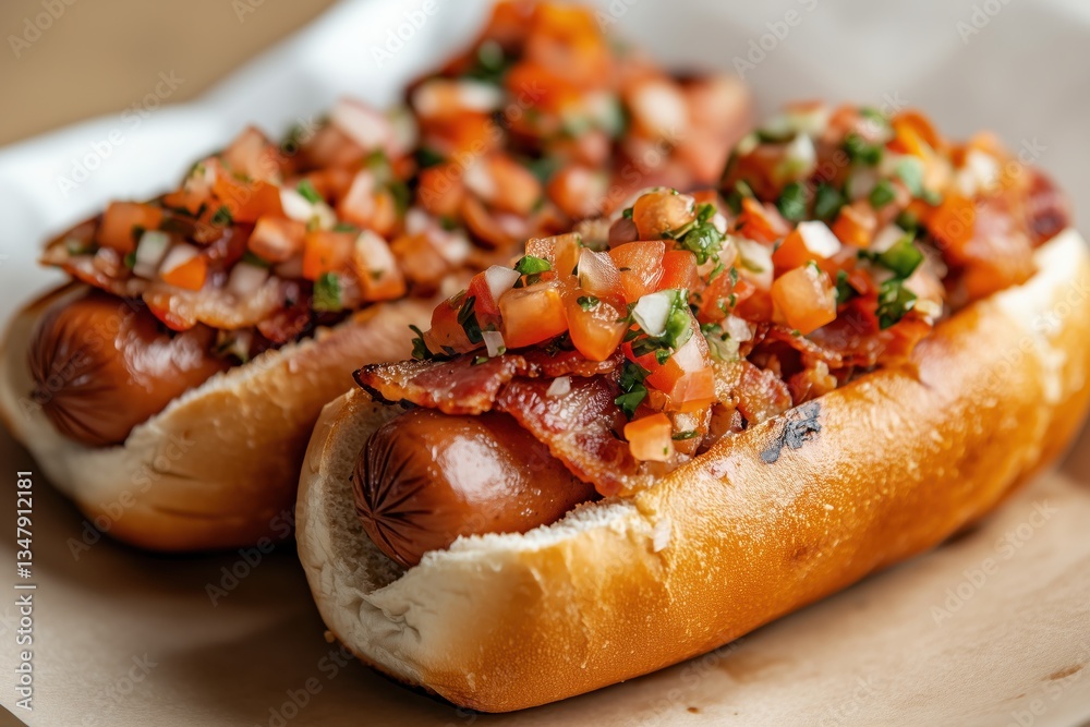 custom made wallpaper toronto digitalDiscover various styles of Sonoran hot dogs with savory toppings and bacon in a vibrant display of Mexican-American street food