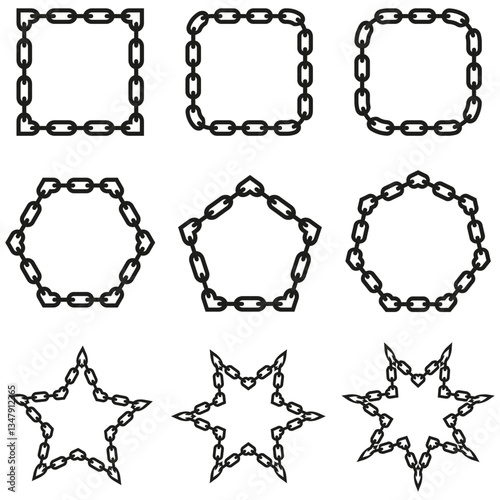 Geometric chain frames. Black linked shapes. Industrial metal symbols. Secure connection design.