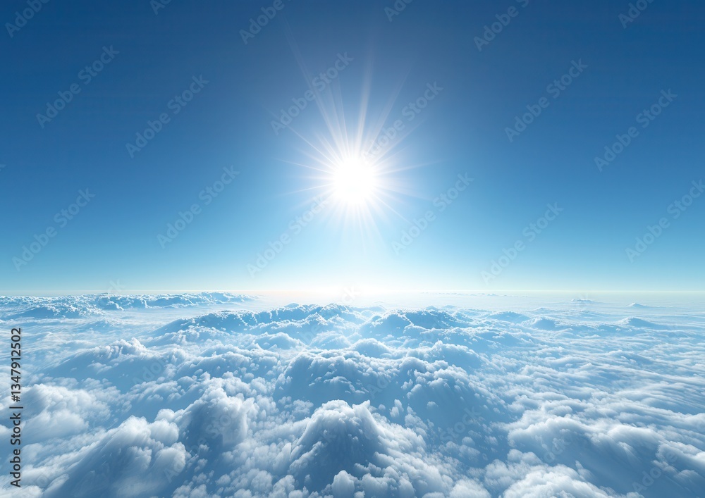 Bright sun shining over a vast expanse of fluffy clouds. Bright sun shining over a vast expanse of fluffy clouds.