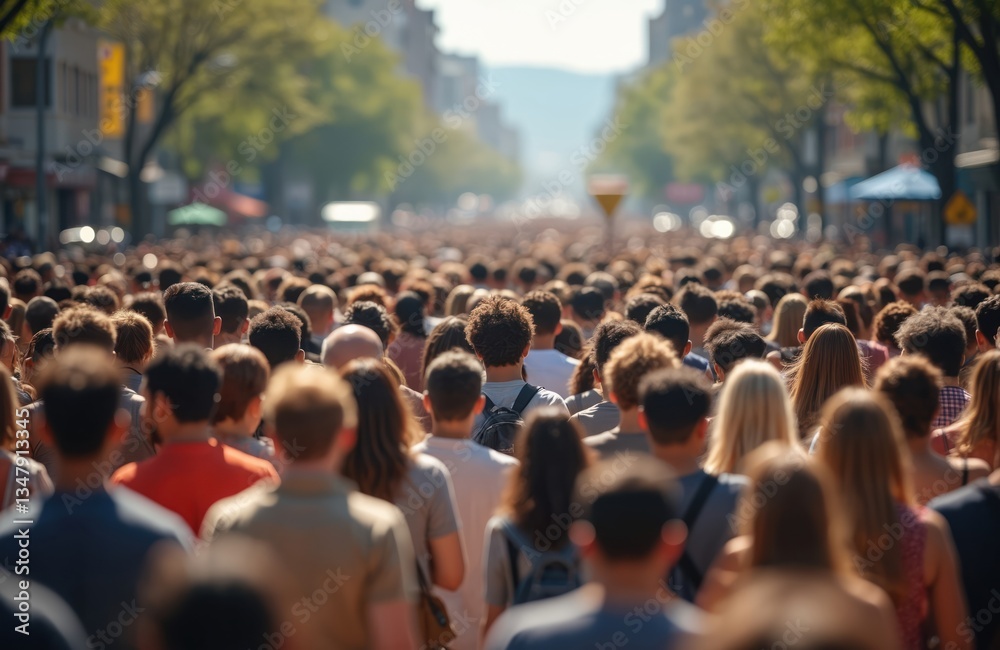 Obraz premium Dense crowd people walk city street. Human population growth, overpopulation concept. Urban life, social issues, globalization. Diverse community, many individuals together.