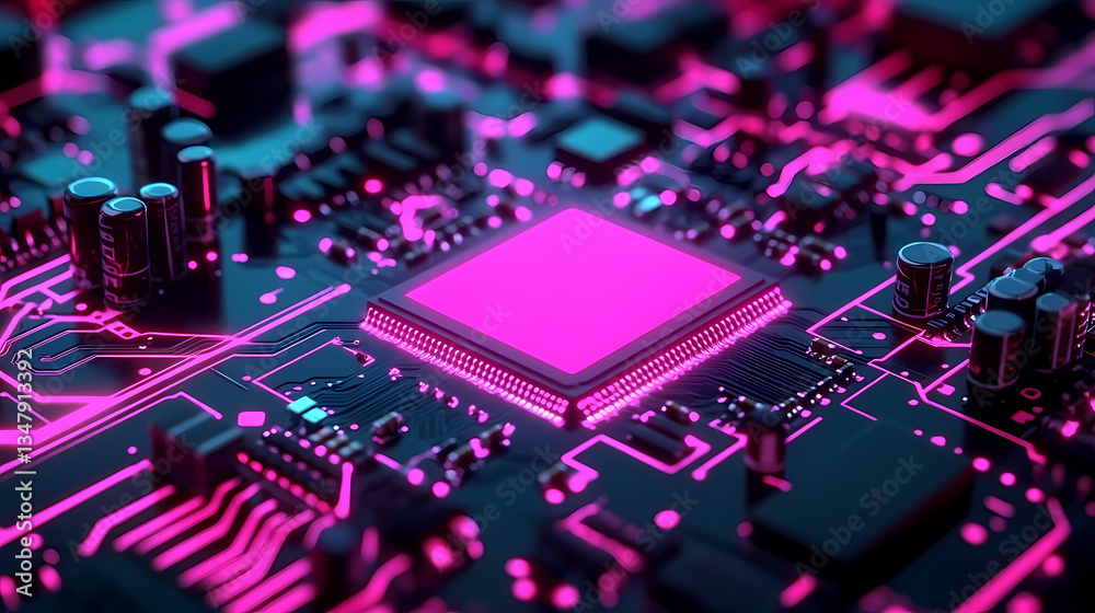 Obraz premium Circuit Board with Glowing Processor